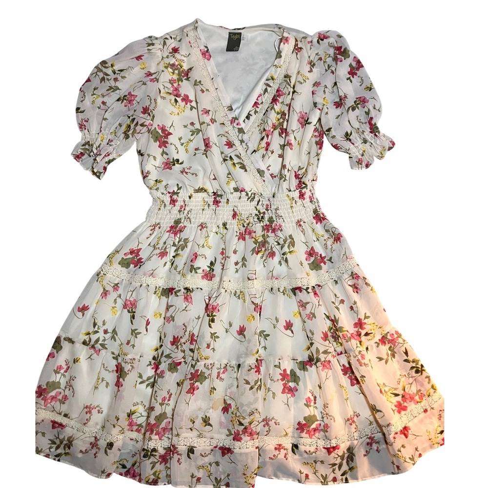 Taylor‎ Floral Chiffon Smocked Waist Tiered Lace Trim Wrap Dress L Spring Easter